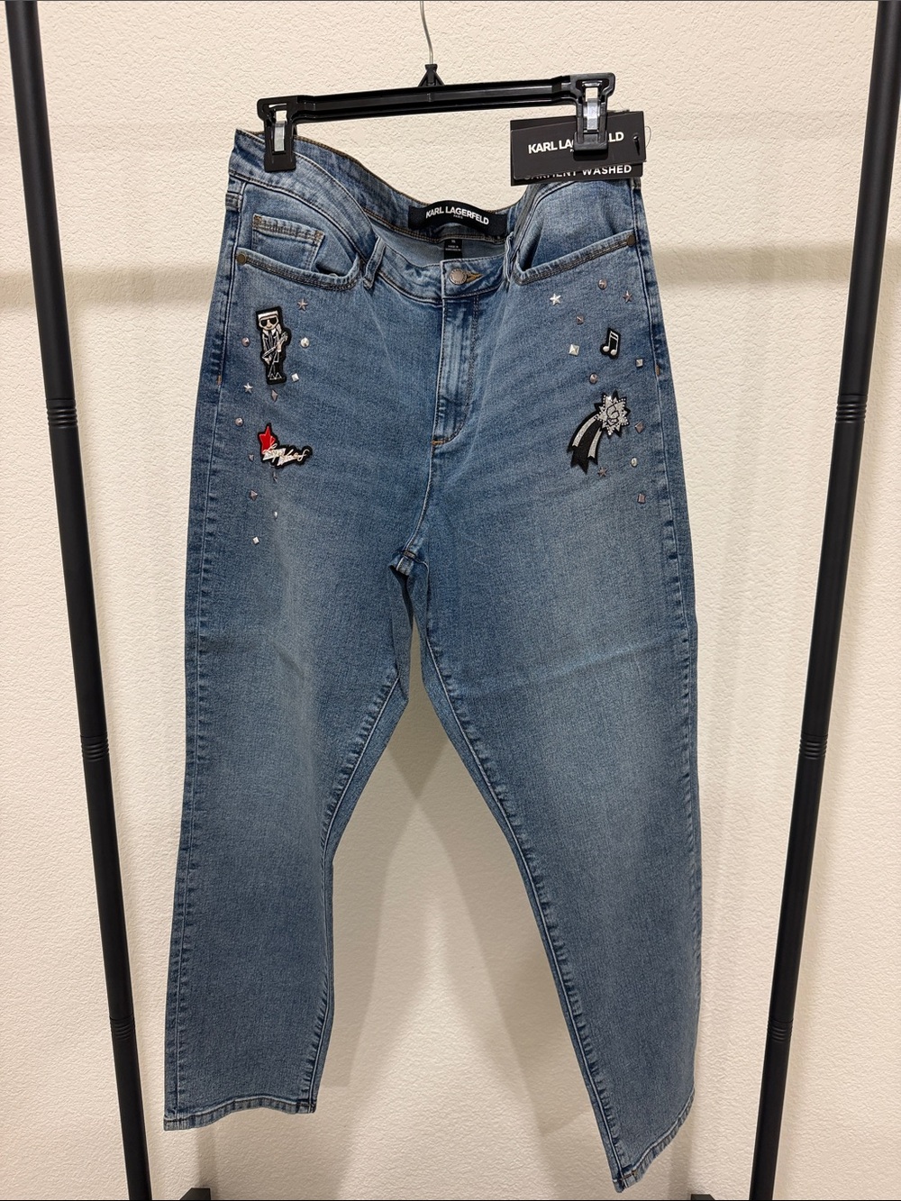 Karl Lagerfeld Medium Blue Embroidered Boyfriend Jeans - Size 16